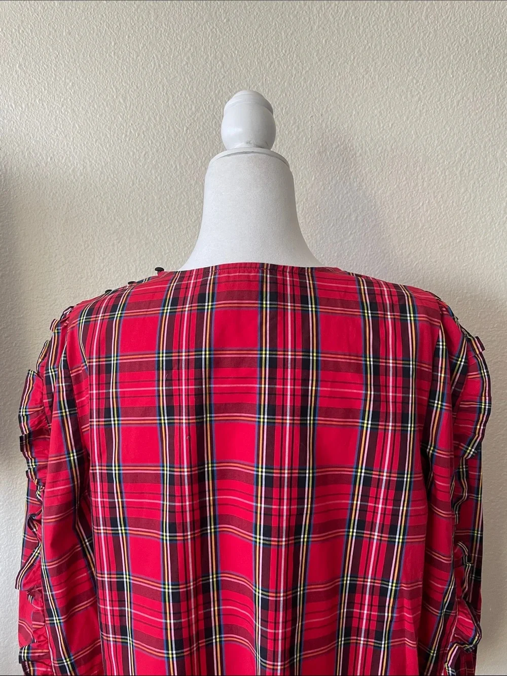 J.Crew Red Tartan Plaid Ruffle Sleeve Cotton Blouse Medium Holiday Preppy Top